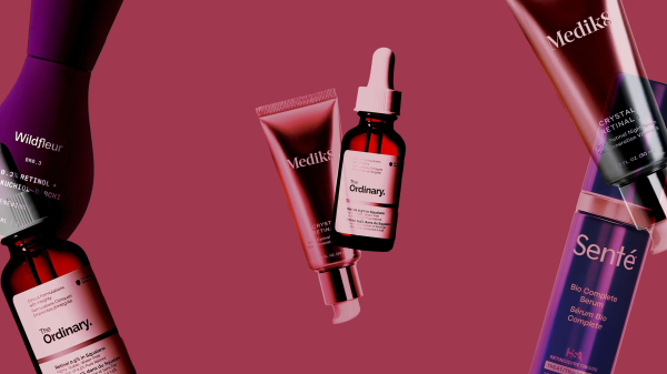 Iamge contains a collage of retinol serums