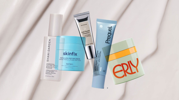 peptide moisturizers on a background with cream swatches