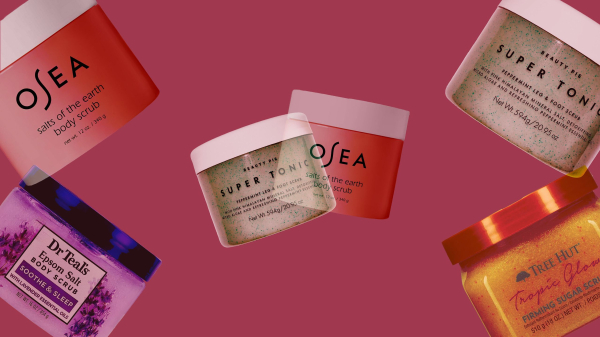 A collage of Osea Dr. Teal's and Beauty Pie foot scrubs on a deep pink background
