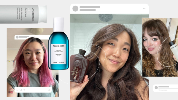 Image contains Allure editors and a collage of volumizing shampoos